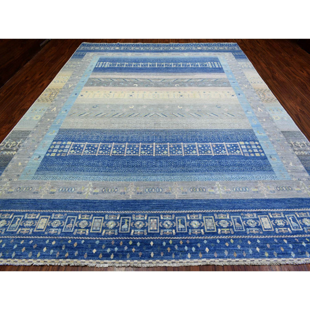 Denim Blue Afghan Kashkuli Gabbeh Design Pure Wool Hand Knotted Rug, 10'2"x13'7"