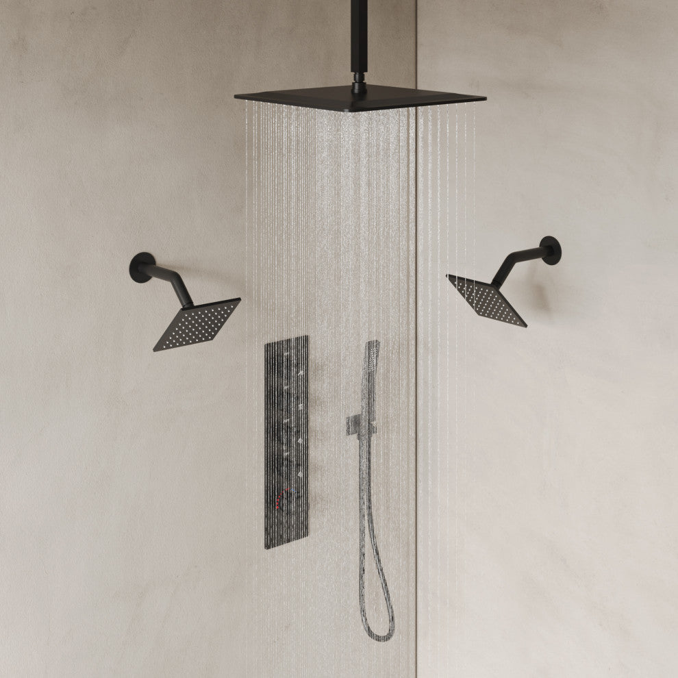 Triple Shower System 16" Rainfall Dual Shower Head with Thermostatic Valve, Matte Black