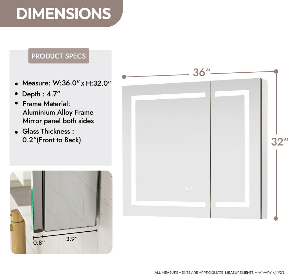 Santona Wall Medicine Cabinet, Frameless LED Mirror, Silver, 36"w X 32"h