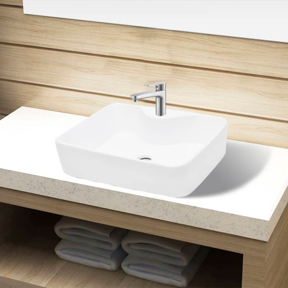 vidaXL Bathroom Sink Wash Basin Bath Sink Ceramic with Faucet Hole White Square