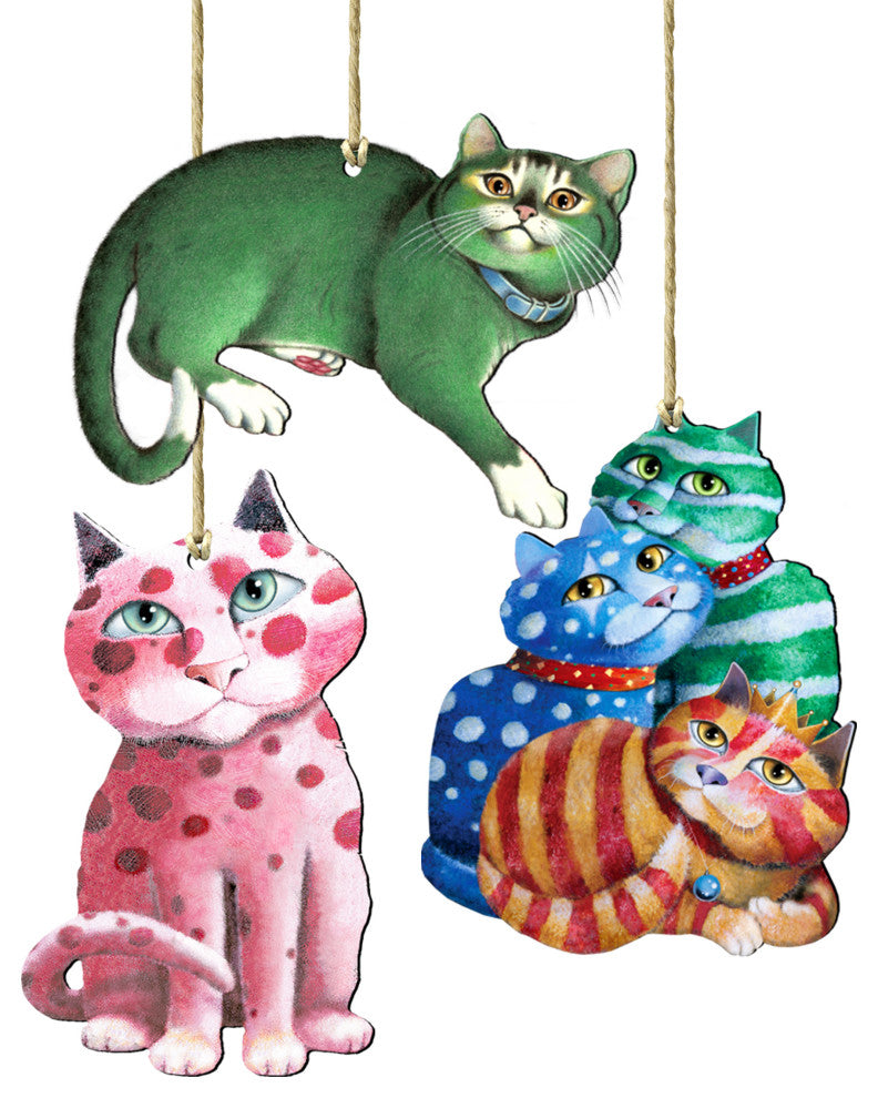 Whimsical Cats wooden Ornament Set of 3