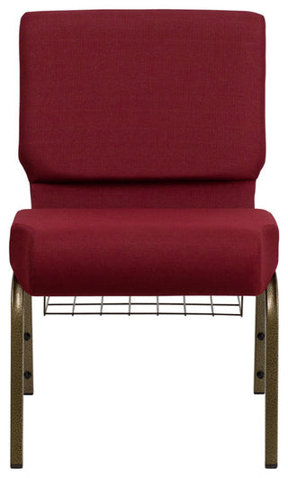 HERCULES 21'W Church Chair, Burgundy Fabric, Cup Book Rack, Gold Vein Frame