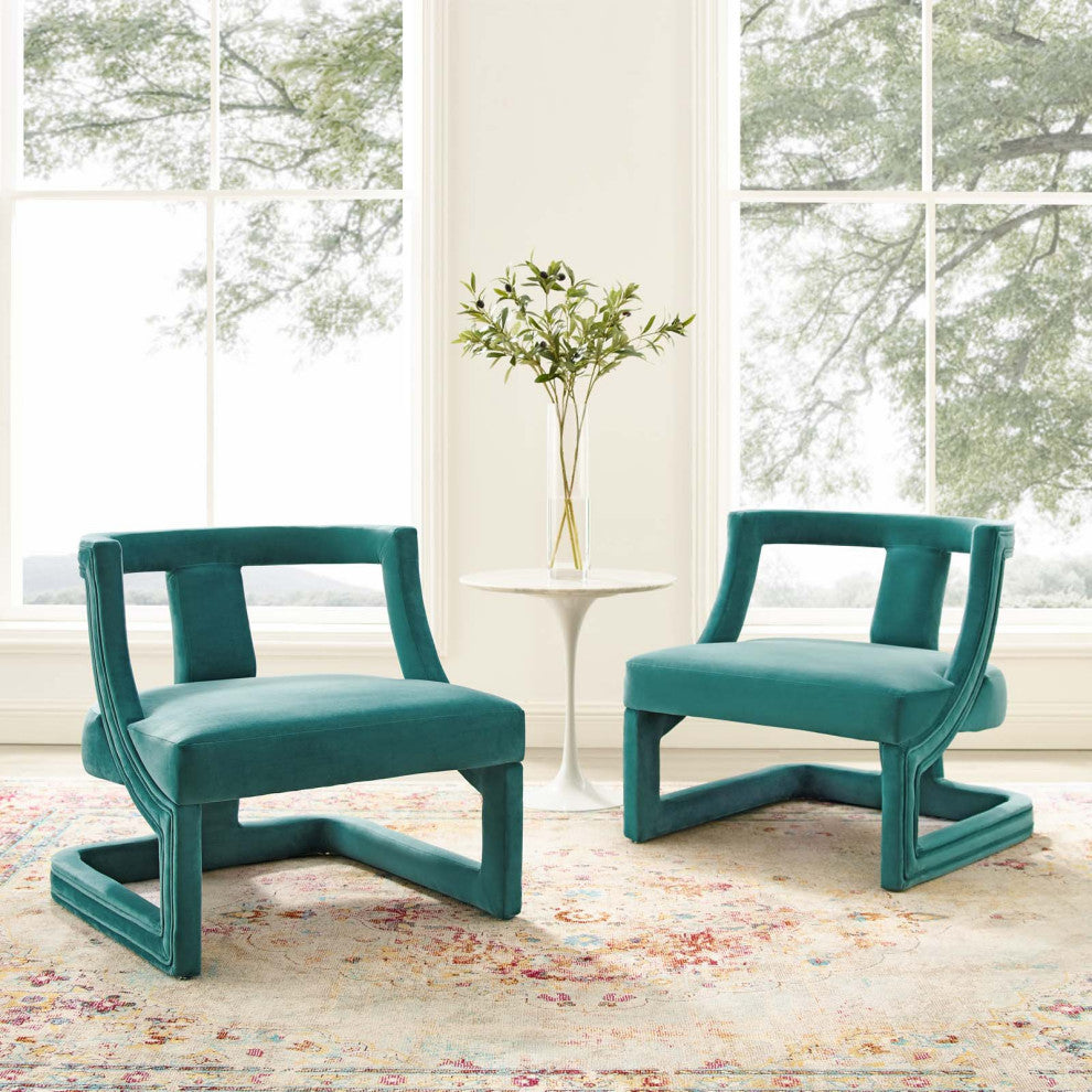 Armchair Accent Chair, Set of 2, Velvet, Teal Blue, Modern, Lounge Hospitality