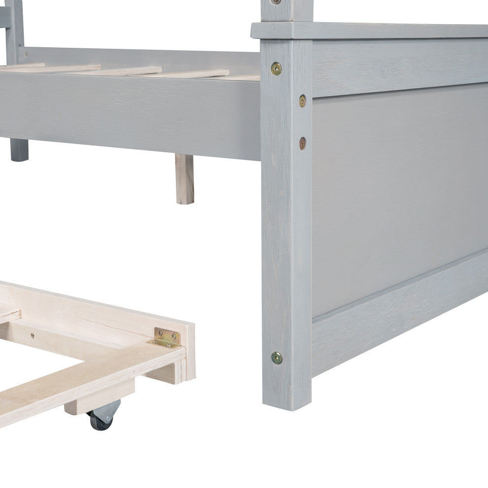 Full Wood Frame Canopy Platform bed with Trundle Bed, Grey, Full