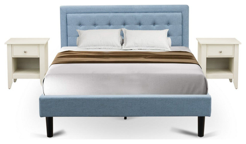 3Pc Fannin Queen Bedroom Set, 1 Bed, 2 Night Stands For Bedrooms, Denim Blue