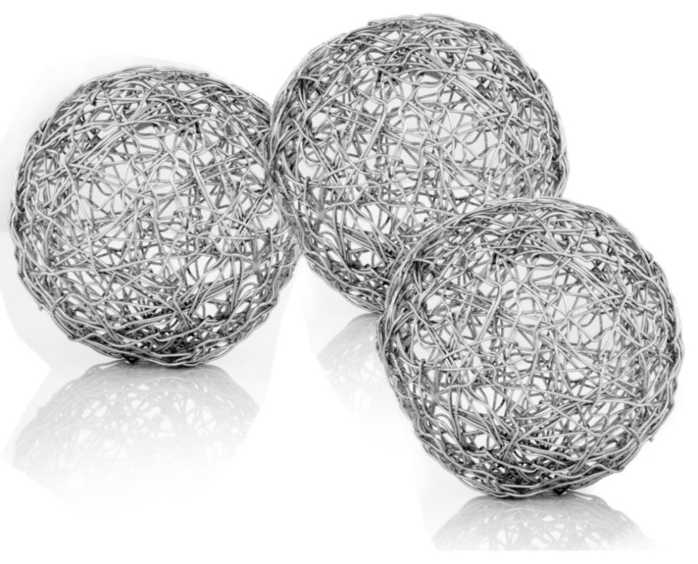 HomeRoots 5" x 5" x 5" Shiny Nickel Silver Wire Spheres Box of 3