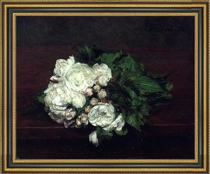 Henri FantinLatour Flowers, White Roses Framed Premium Canvas Print, 16"x20"