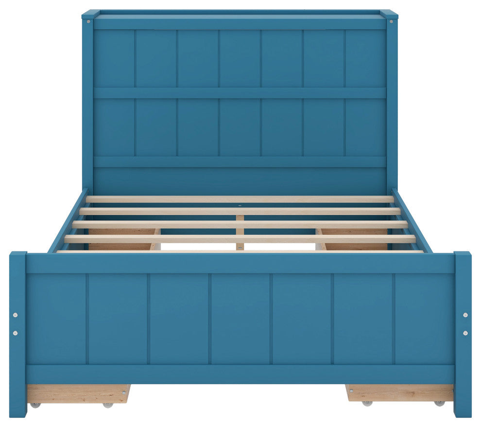 Full Size Platform Bed with Storage Drawers and Headboard Shelves (No mattress), Blue