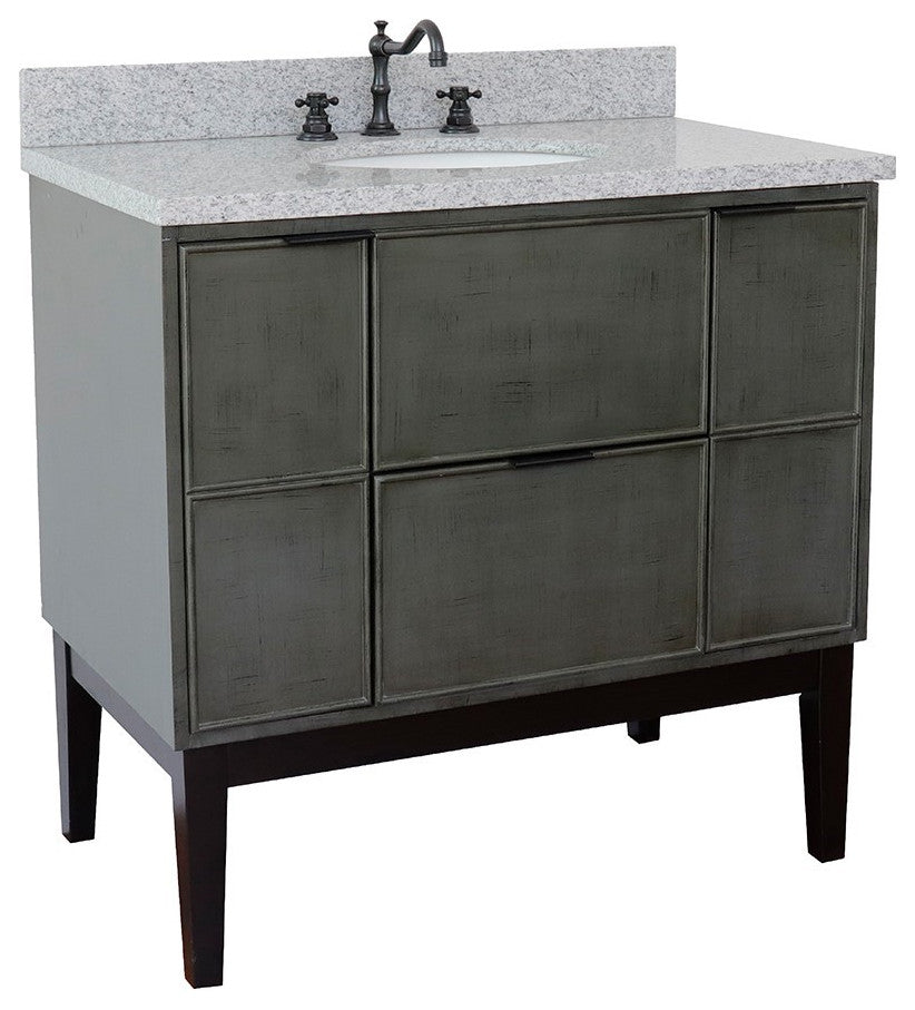 37" Single Vanity, Linen Gray Finish With Gray Granite Top And Oval Sink