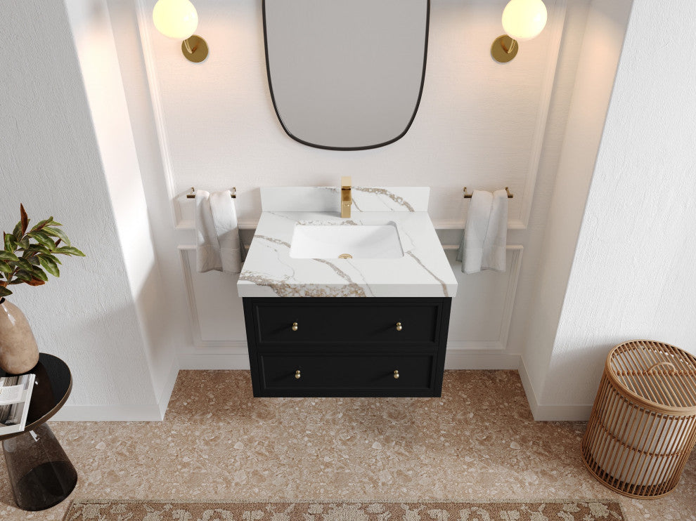 Roswell Floating 30" Single Sink Bath Vanity, Black 2" Calacatta Gold