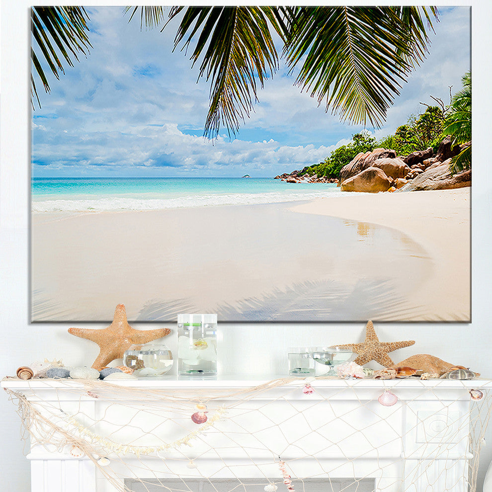 "Summer Beach With Palm Leaves" Modern Seascape Canvas Artwork, 40"x20"