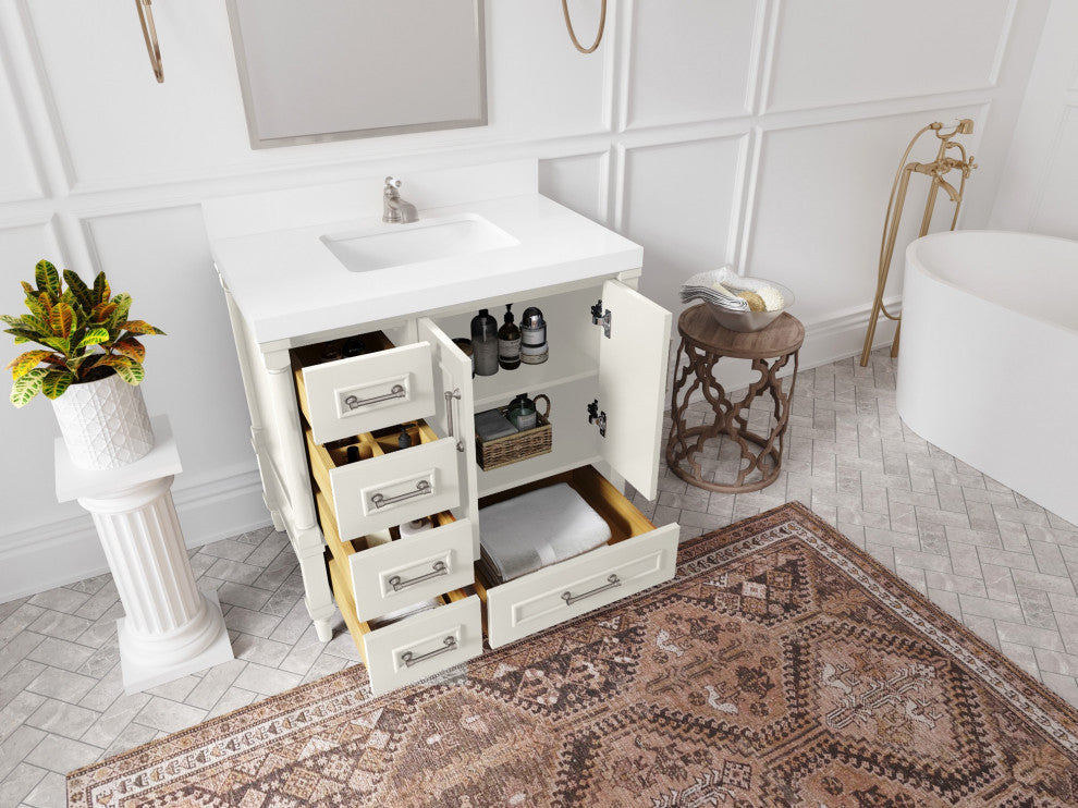 Aberdeen 36" Center Sink Bath Vanity, Alabaster 2" White Quartz