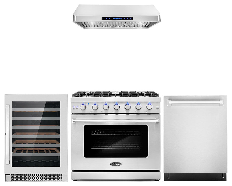 4-Piece, 36" Gas Range, Range Hood, Dishwasher and 48 Bottle Wine Cooler