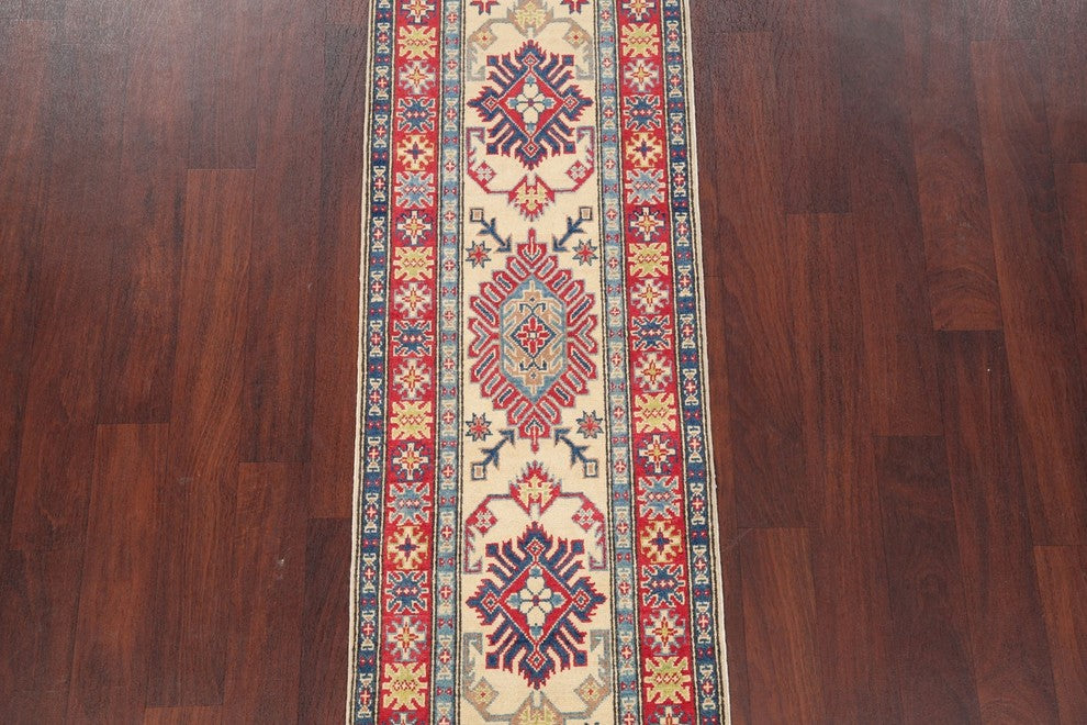 Traditional Kazak Oriental Hand-Knotted Pakistani Runner Rug, Beige, 6'5"X2'1"