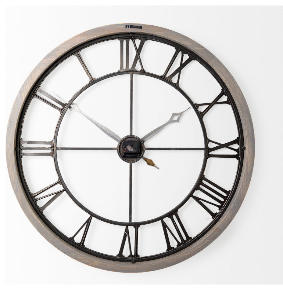 Mething Gray Wood and Black Metal 32" Round Wall Clock