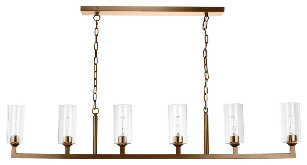 Linear 6 Light Chandelier, Antique Brass and Clear Glass