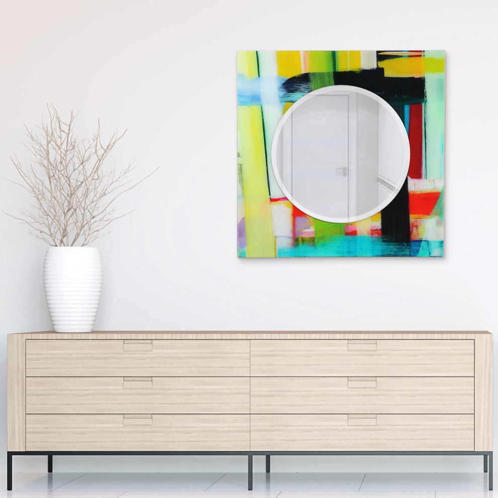 "Shine" Square Beveled Wall Mirror on Floating Printed Tempered Art Glass