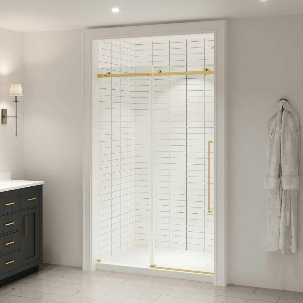 Selby Frameless Sliding Clear Alcove Shower Door, Brushed Gold, 48"