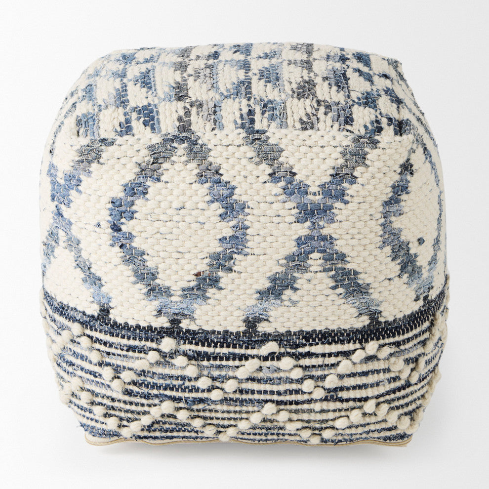 Eshana 16Lx16Wx16H Cream Wool and Denim Patterned Pouf