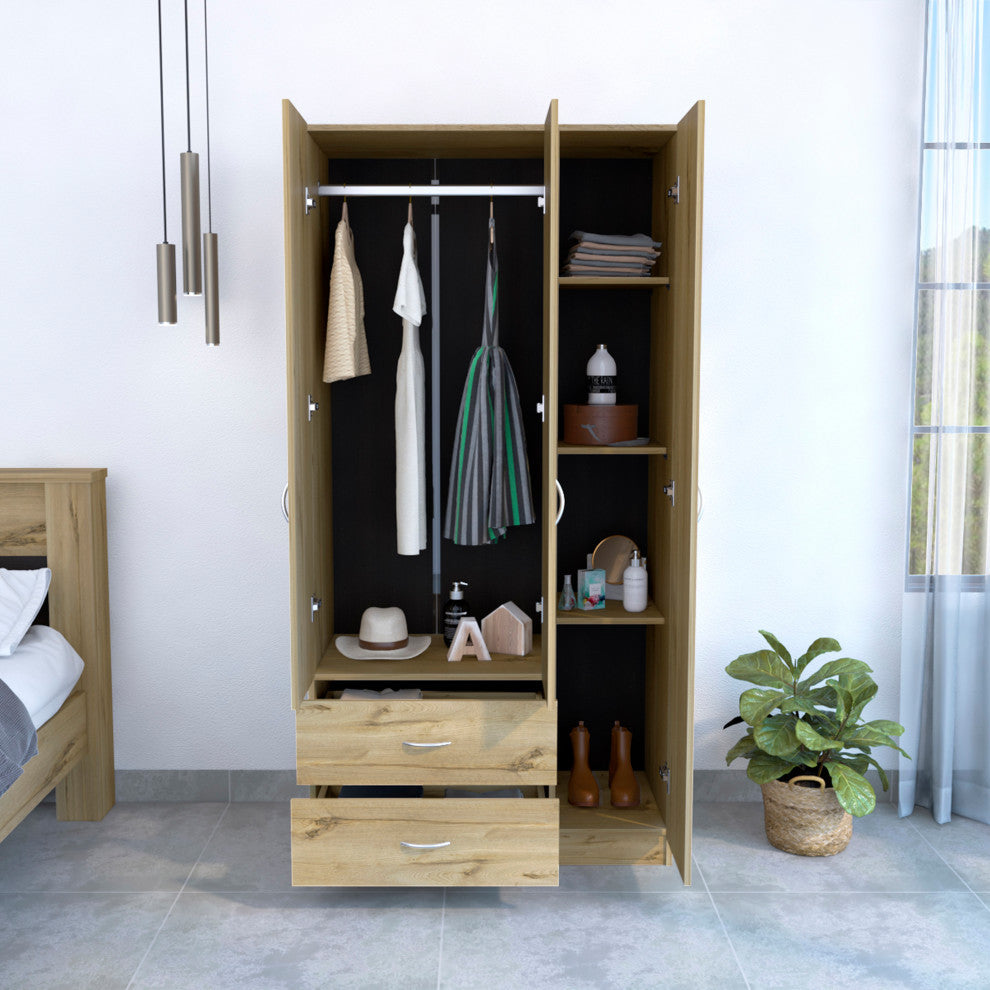 Eureka 3 Door Armoire with 2 Drawers, Inner Shelves, and Rod, Light Oak