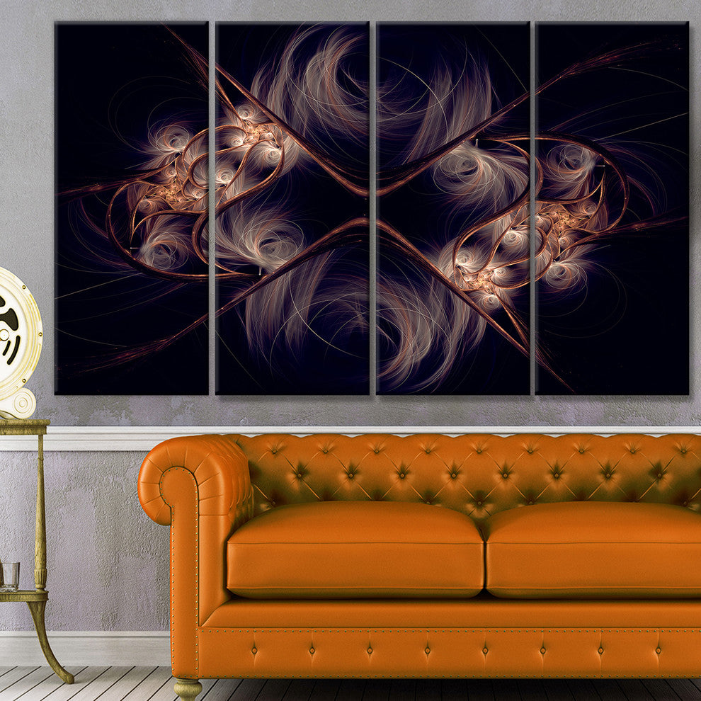 Dark Gold Fractal Flower Pattern, Abstract Wall Art Canvas, 48"x28", 4 Panels