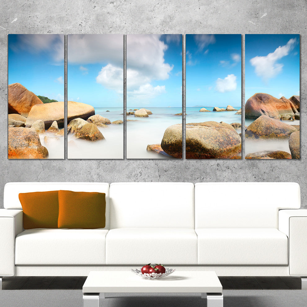 "Rocky Blue Seashore Panorama" Wall Art Landscape, 5 Panels, 60"x28"