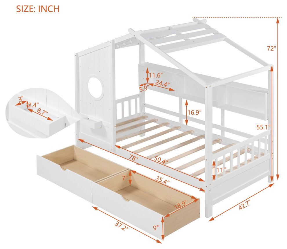 Gewnee  Wooden Twin Size House Bed with 2 Drawers