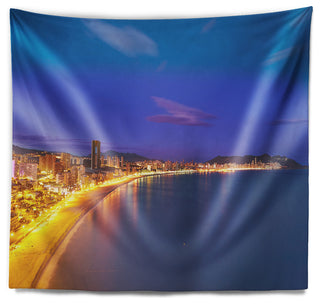 Benidorm Poniente Beach Sunset Seascape Wall Tapestry, 80"x68"