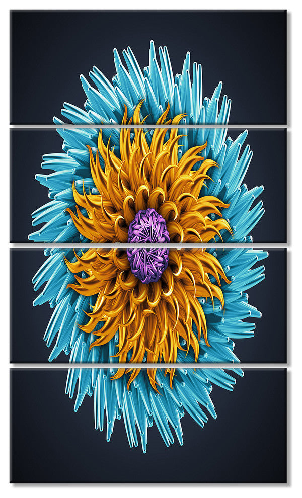 Yellow Blue Abstract 3D Flower, Flowers Canvas Wall Artwork, 28"x48", 4 Panels