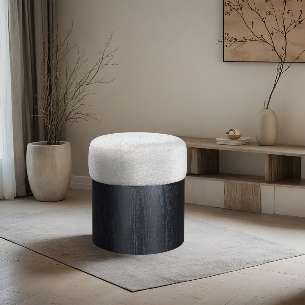 Nimes Upholstered Ottoman, Cream, Velour Fur, Black Finish