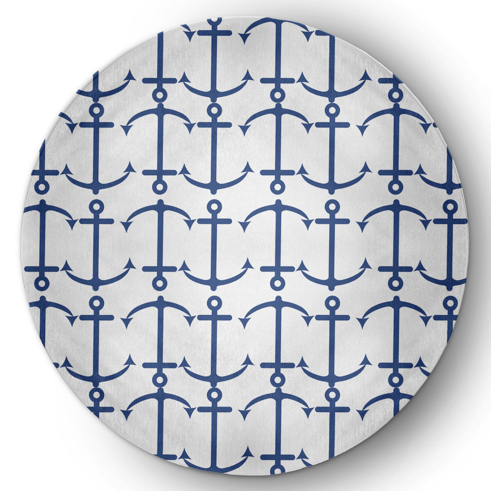 Anchor Pattern Nautical & Coastal Chenille Area Rug, Nautical Navy, 5' Round