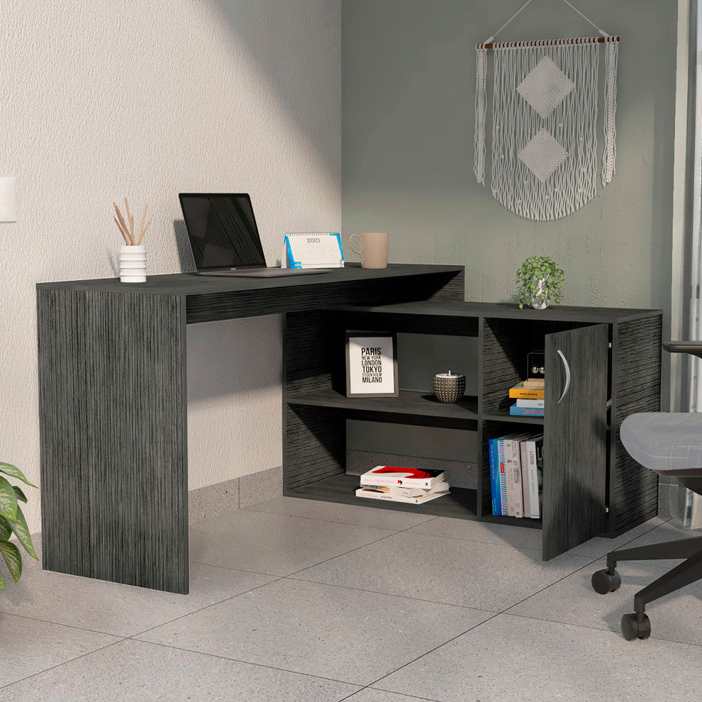 Dallas L-Shaped Home Office Desk with 2 Open Shelves and Cabinet, Smokey Oak