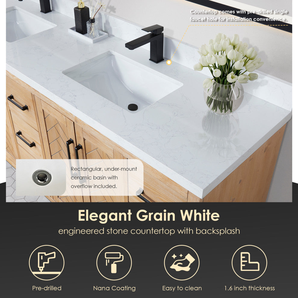 Anais Vanity Grain White Engineered Stone Countertop, Light Brown, 84", With Mirror