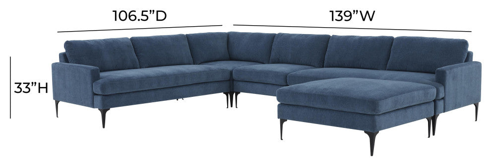Serena Blue Velvet Large Chaise Sectional With Black Legs