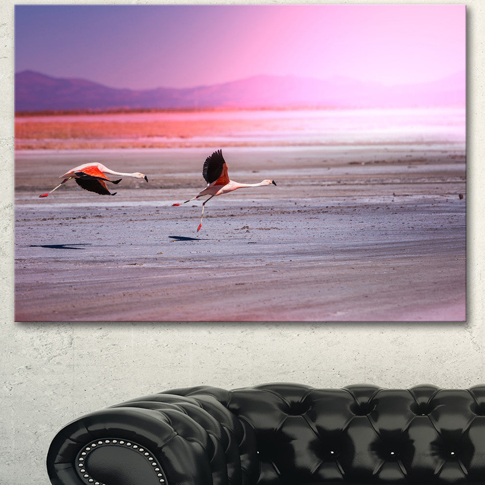 Flying Pair of Cute Flamingos, Animal Canvas Art Print, 40"x30"