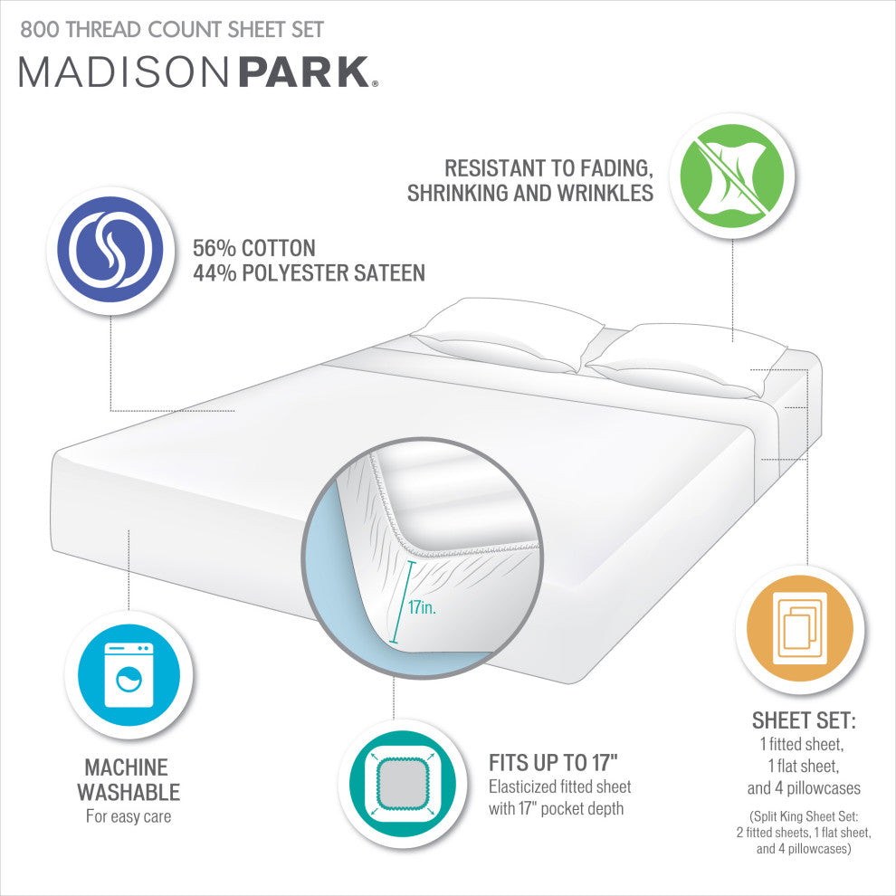 Madison Park 800 Thread Count Cotton-Blend Sateen 6-Piece Sheet Set, Ivory