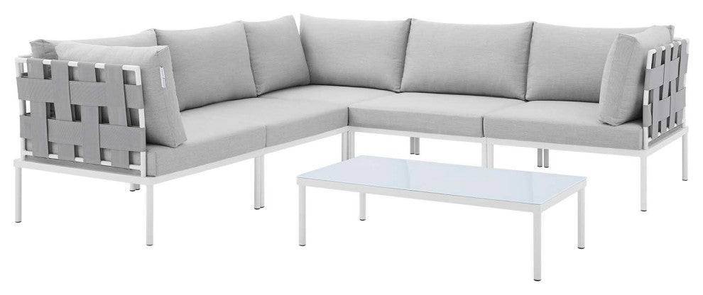 Lounge Sectional Sofa Chair Table Set, Sunbrella, Aluminum, Gray, Outdoor