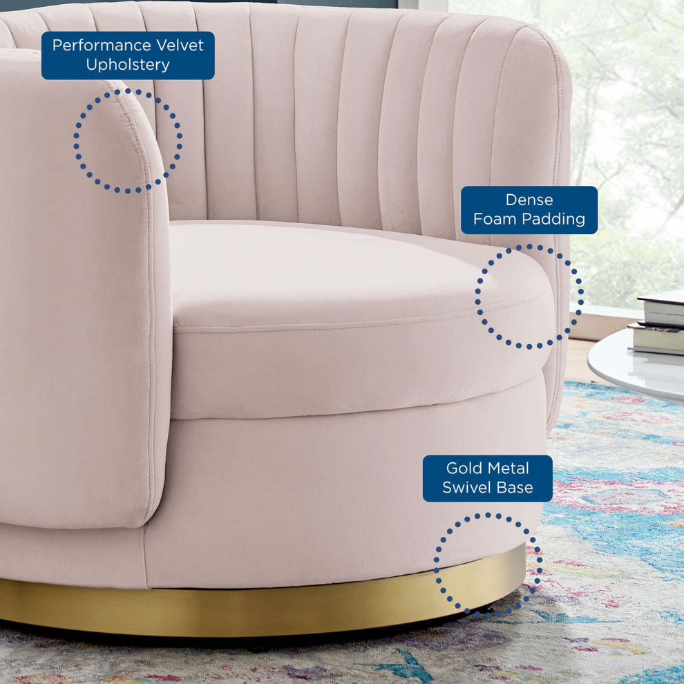 Armchair Swivel Accent Tufted Chair, Pink Gold, Velvet, Modern, Hospitality