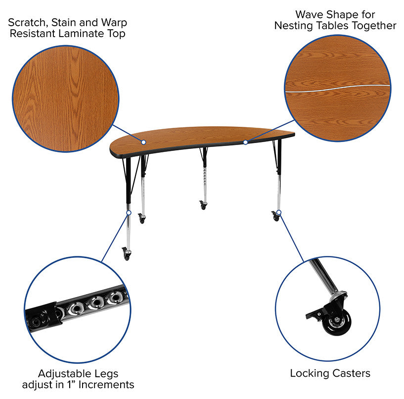 Mobile 60" Circle Wave Activity Table Set with 18" Student Stack Chairs, Oak