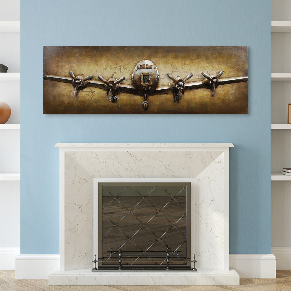 "Airplane" Mixed Media Iron Hand Painted Dimensional Wall Art, 24"x72"