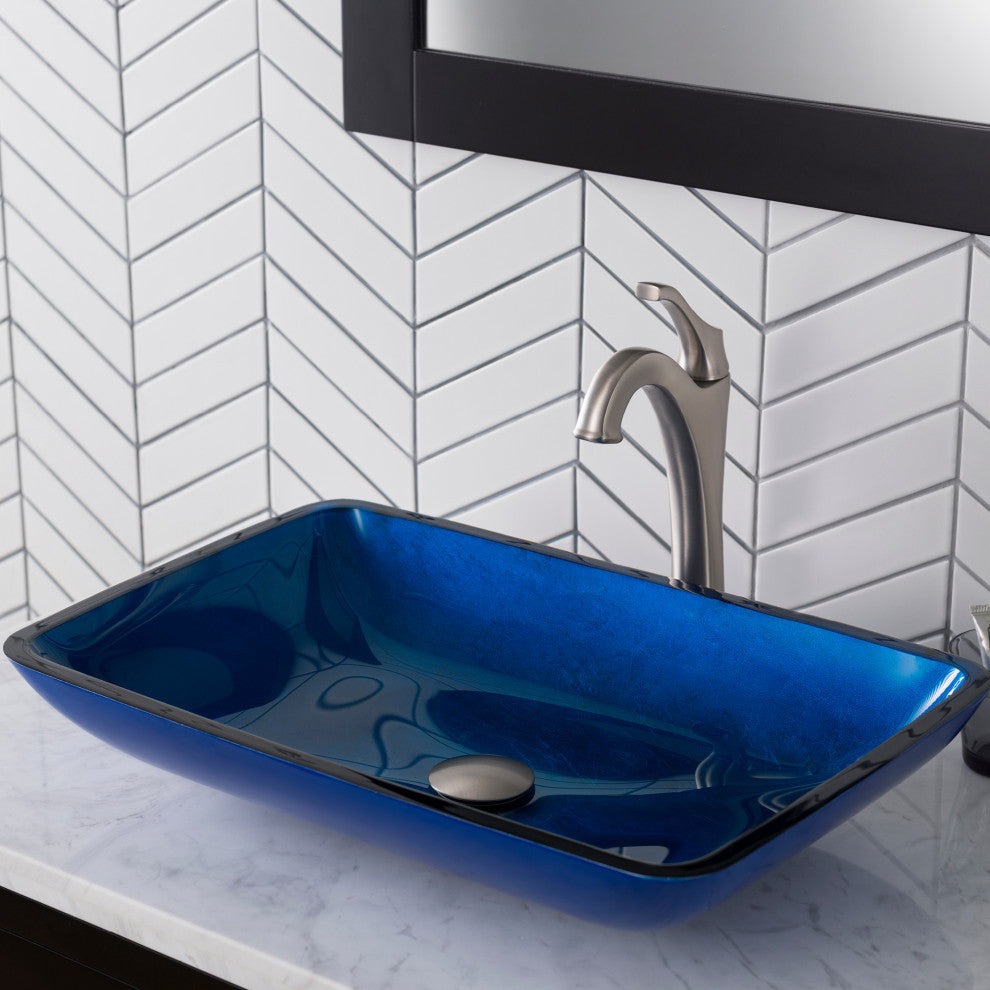 Glass Vessel Sink, Bathroom Arlo Faucet, PU Drain, Mounting Ring, Spot Free Stainless Steel