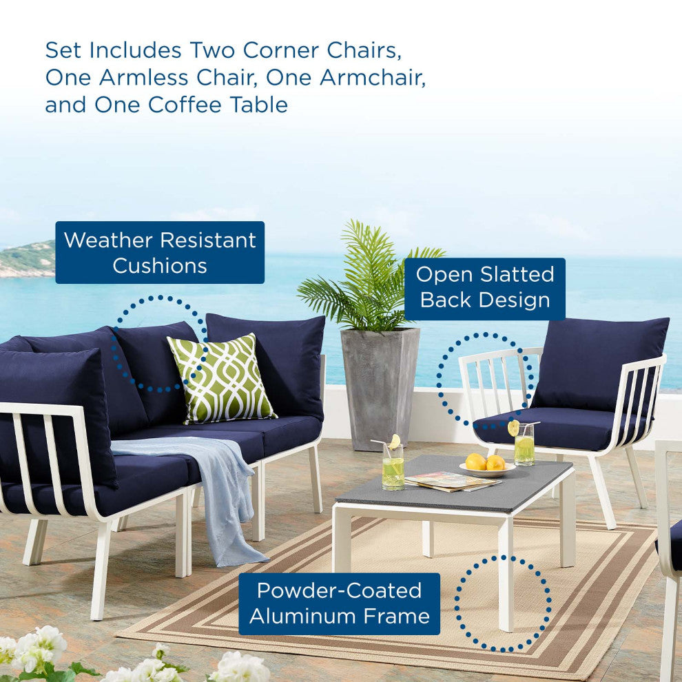 Lounge Sectional Sofa Chair Set, Aluminum, Metal, White Blue Navy, Outdoor