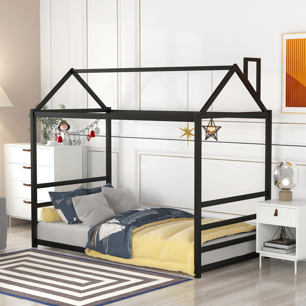Gewnee House Platform Bed with Roof and Chimney Design,Black