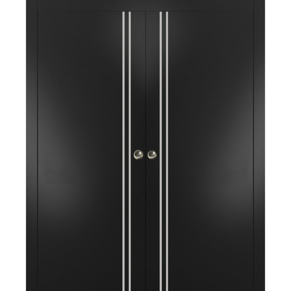 French Double Pocket Doors 84x84 | Planum 0310 Matte Black | Kit Trims Rail