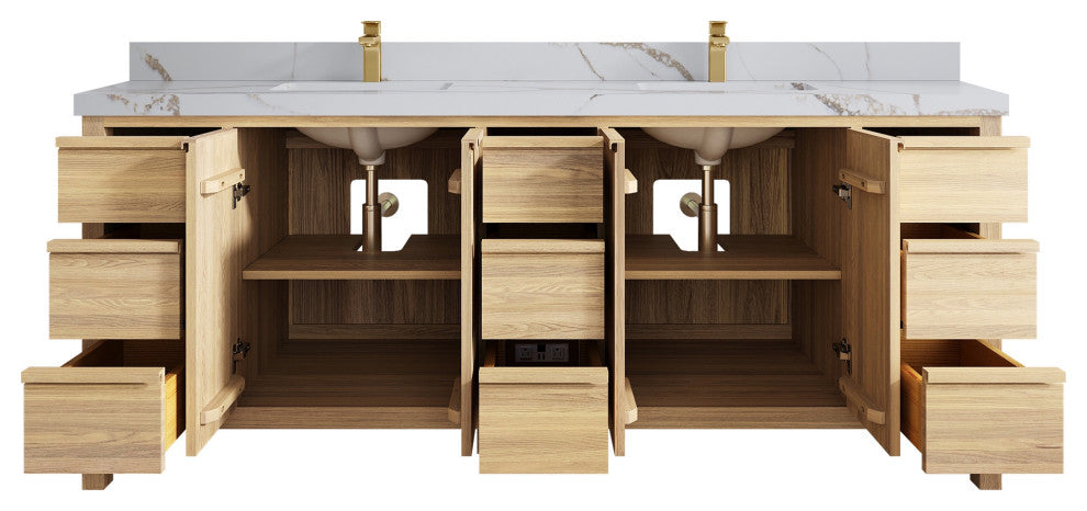 Elizabeth Oak 84" Double Sink Vanity, White 2" Calacatta Gold
