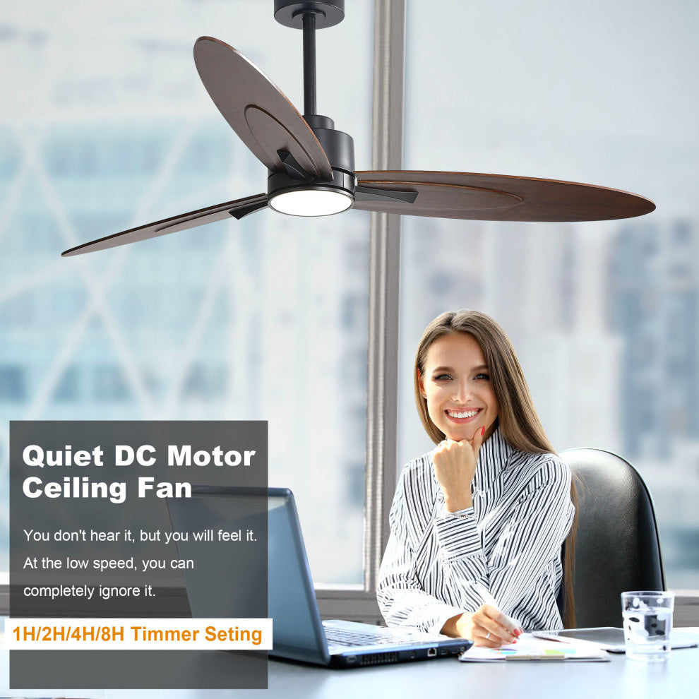 60" 3-Solid Wood Blade Propeller indoor LED Ceiling Fan, Black and Brown