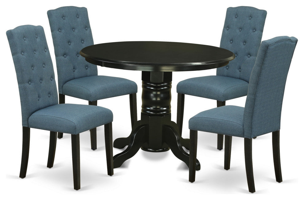 5Pc Dining Set, Round Room Table, Four Parson Chairs, Blue Fabric, Black Finish