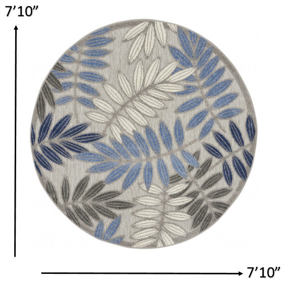 8' Round Blue And Gray Round Floral Indoor Outdoor Area Rug