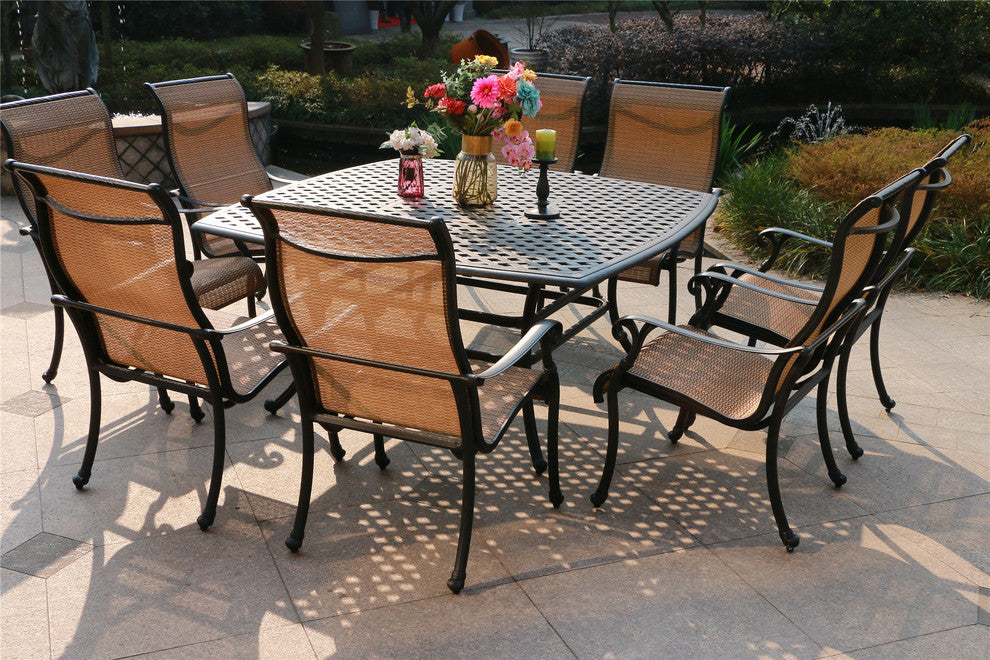 9-Piece Aged Bronze Aluminum Square Dining Set With 8 Sling Chairs