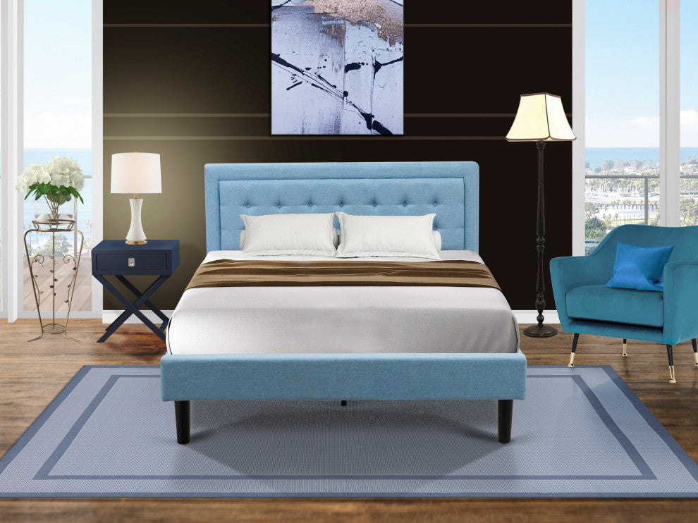 2Pc Platform Queen Bed Set, 1 Platform Bed, End Table, Denim Blue